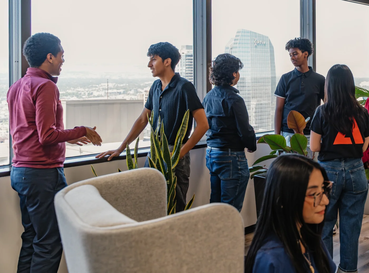 HighView students meeting with professionals inside a Colorado employer's office